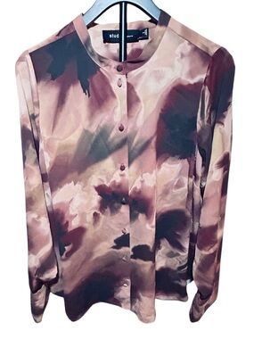 Studio Pink & Brown Watercolor Satin Button-Front Blouse